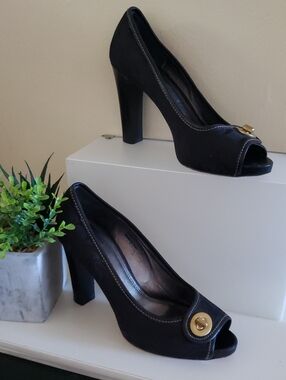 COACH Monogram Jacquard Peep Toe Pumps - Black 8